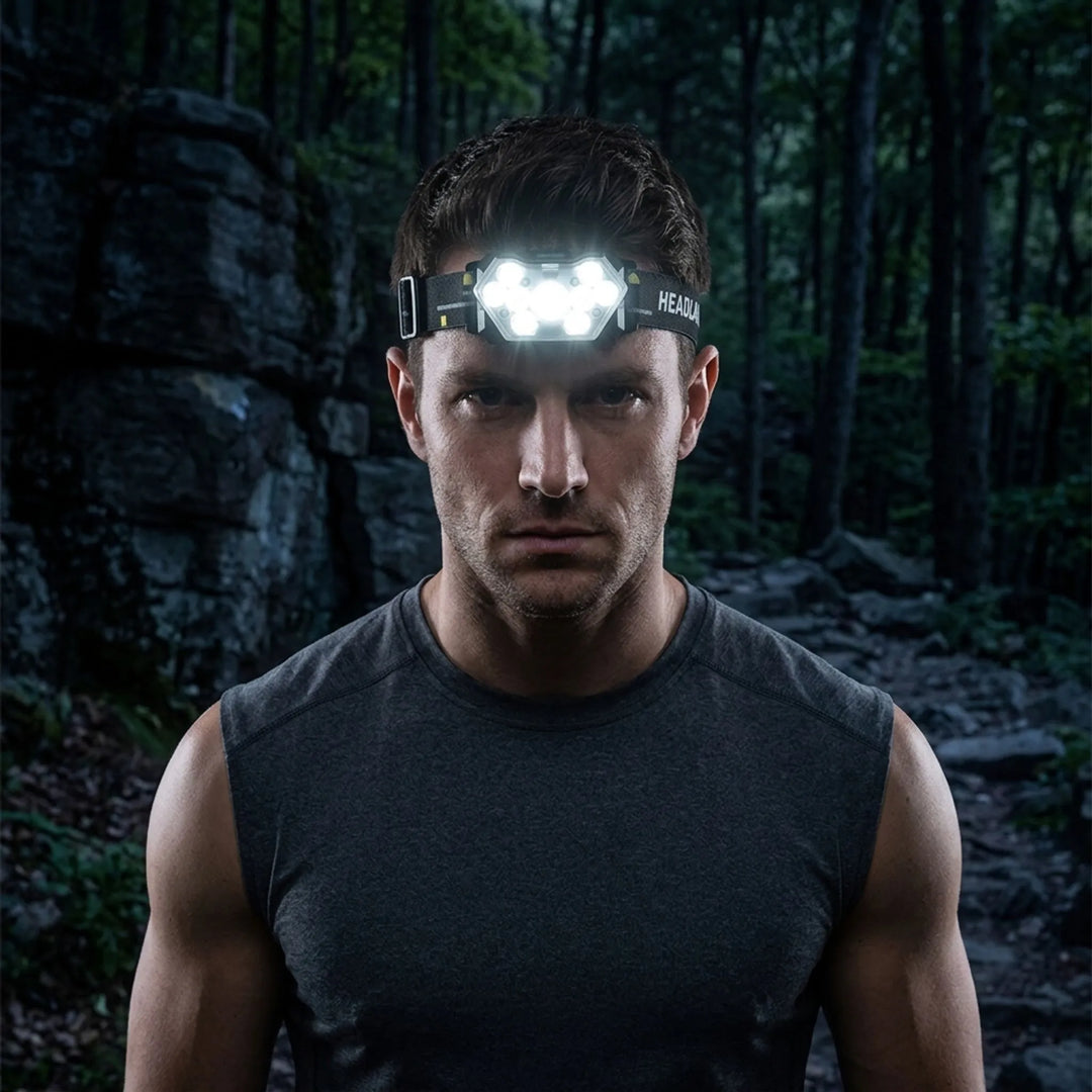 Unisex rechargeable LED headlamp with motion sensor for hands-free outdoor activities like camping & hiking.