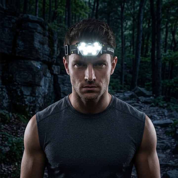 Unisex rechargeable LED headlamp with motion sensor for hands-free outdoor activities like camping & hiking.