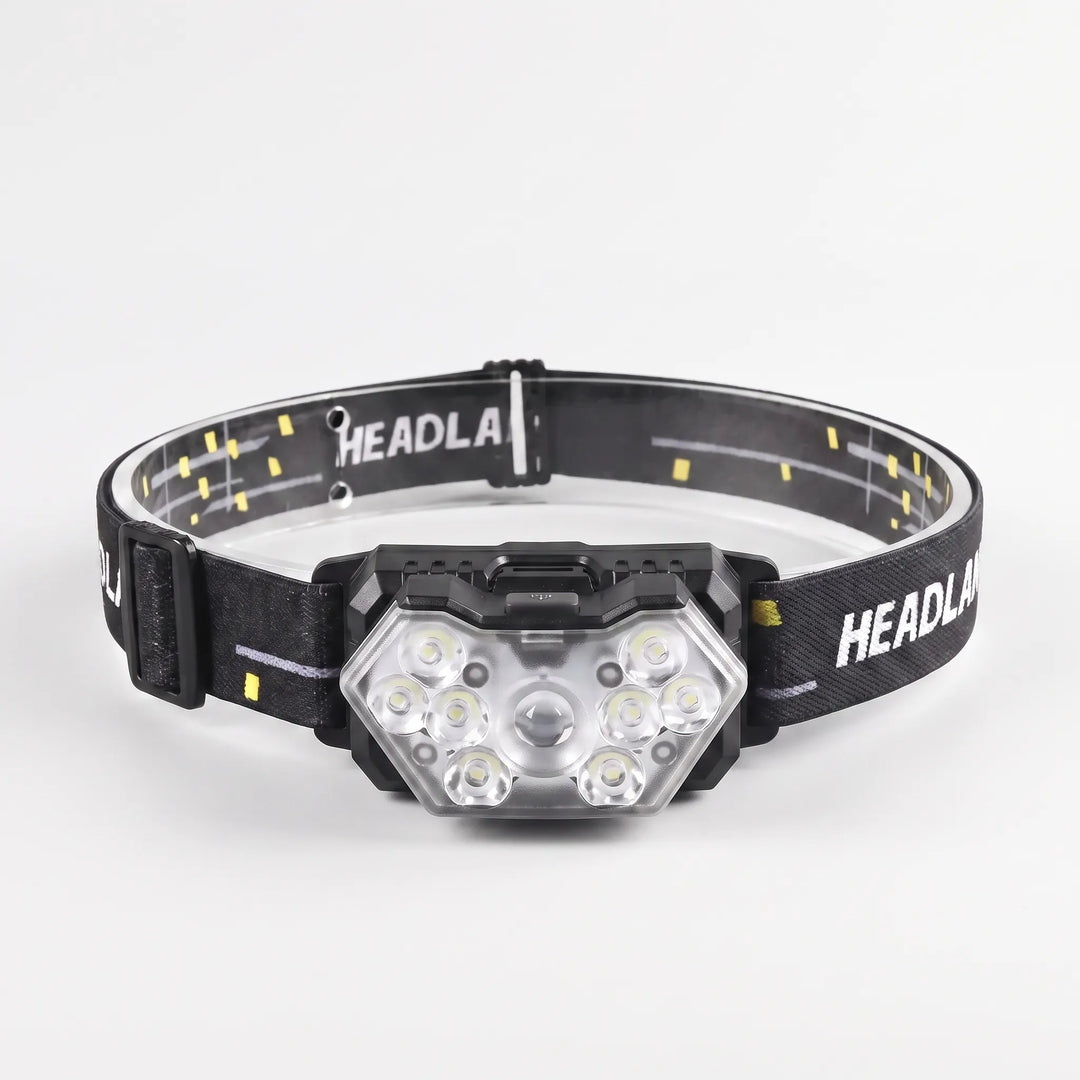 Bright LED headlamp, rechargeable & motion-activated, perfect work light for hands-free tasks, camping & utility.