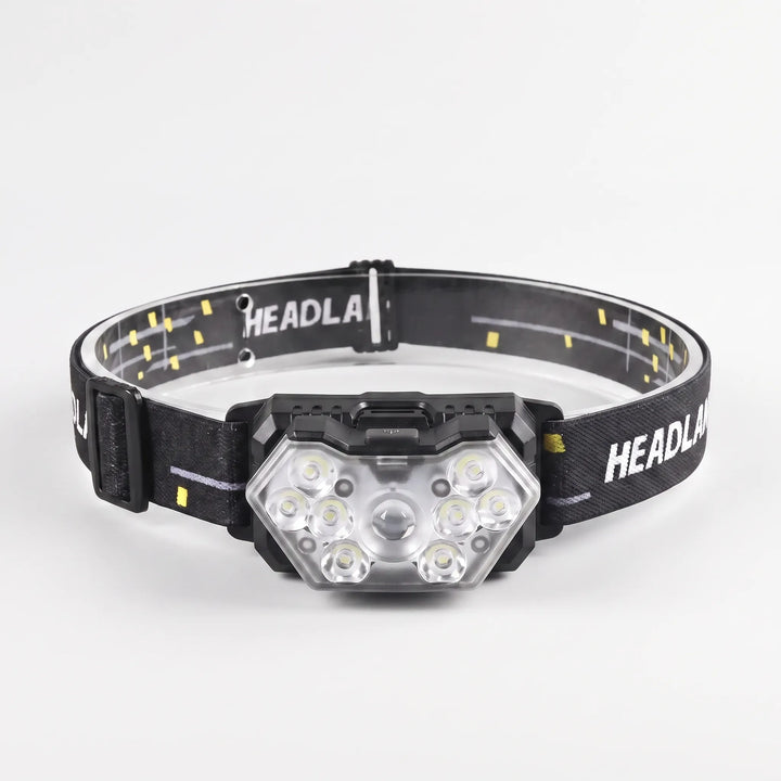 Bright LED headlamp, rechargeable & motion-activated, perfect work light for hands-free tasks, camping & utility.