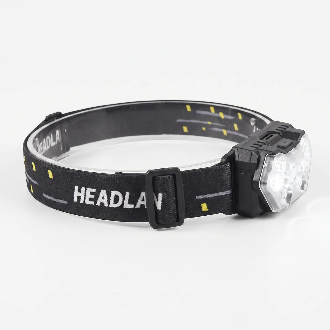 Unisex LED headlamp: rechargeable, motion sensor, hands-free light for outdoor adventures, work, & emergencies.