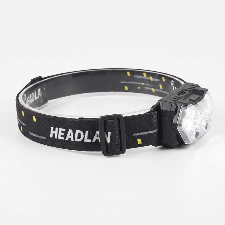 Unisex LED headlamp: rechargeable, motion sensor, hands-free light for outdoor adventures, work, & emergencies.