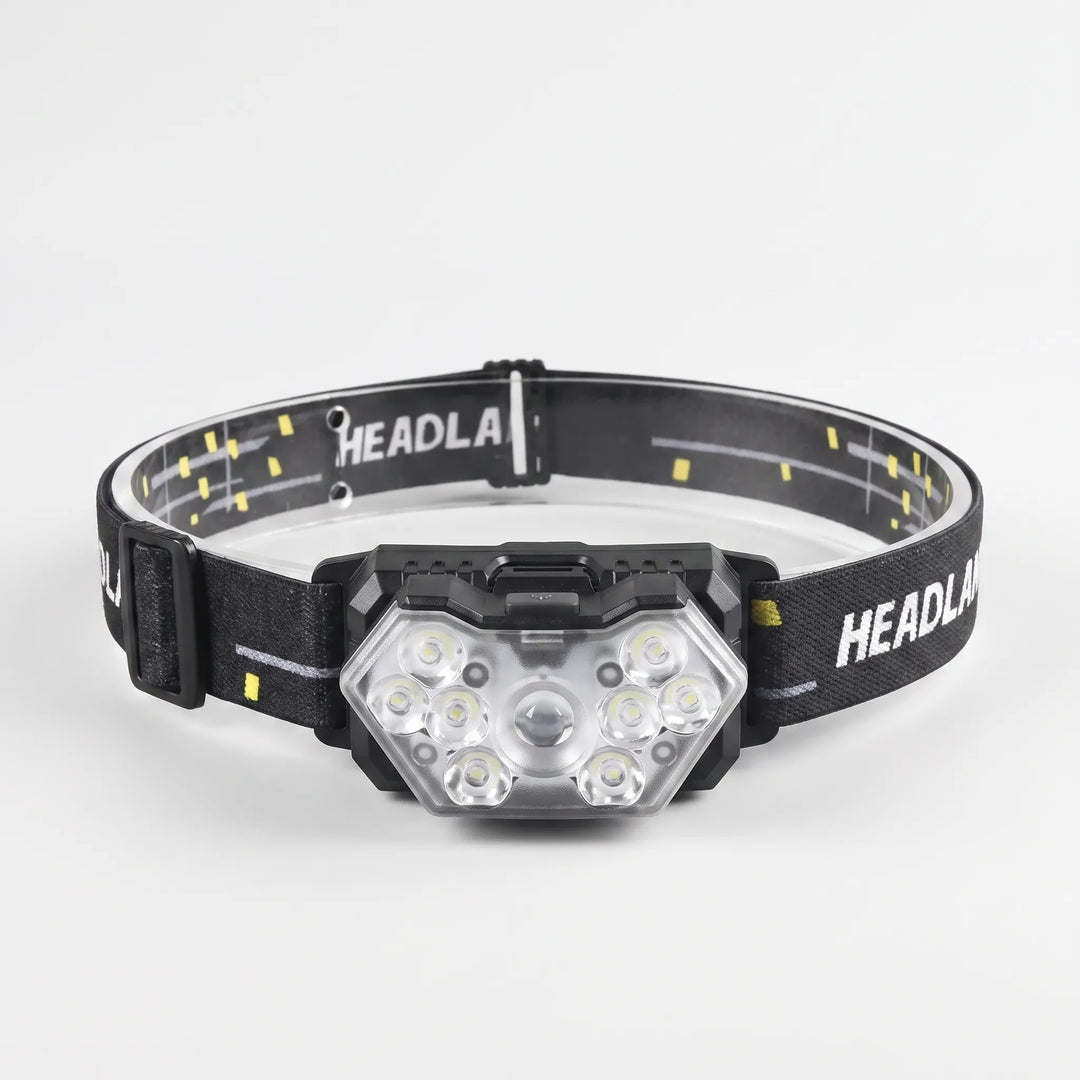 Rechargeable LED headlamp with motion sensor, ideal for night hiking, camping, fishing & hands-free work.