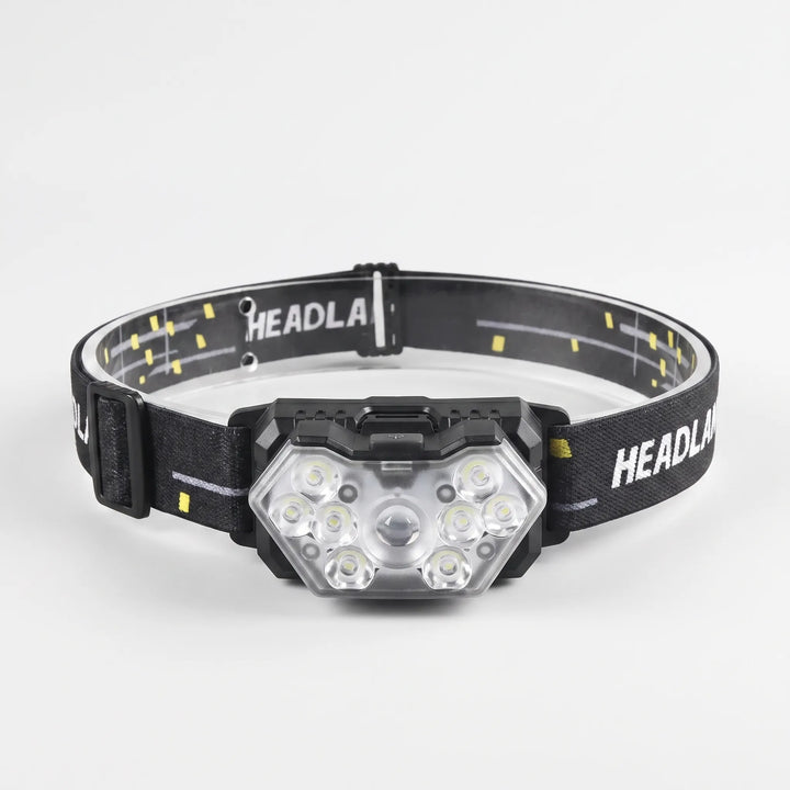 Rechargeable LED headlamp with motion sensor, ideal for night hiking, camping, fishing & hands-free work.