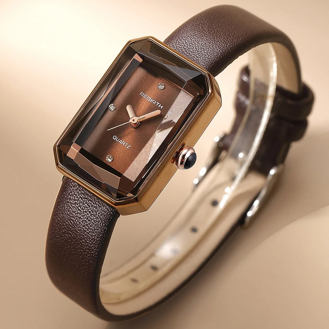 Unisex rectangular classic quartz wristwatch with an elegant brown leather strap.