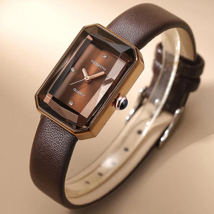 Unisex rectangular classic quartz wristwatch with an elegant brown leather strap.