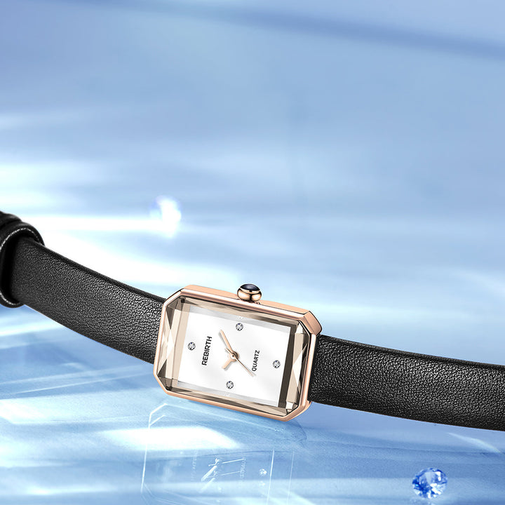 Side view of a slim unisex rectangular wristwatch, highlighting its elegant case design.