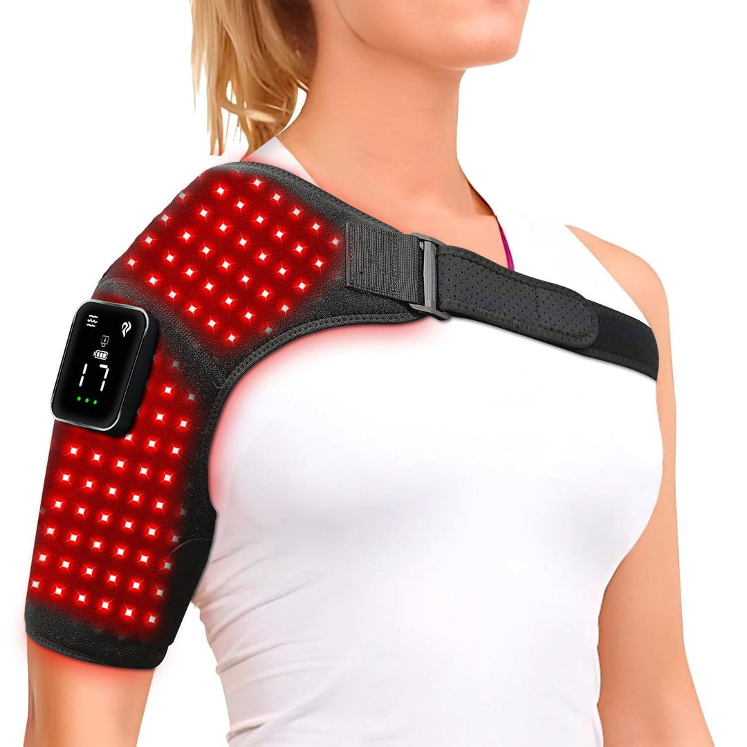 Unisex red light therapy shoulder brace for fast pain relief and muscle soreness recovery.