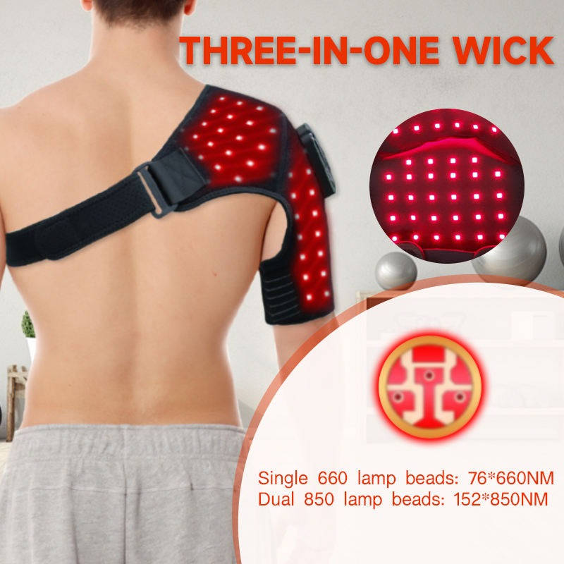 Cordless infrared red light therapy shoulder brace made with adjustable neoprene for joint comfort.