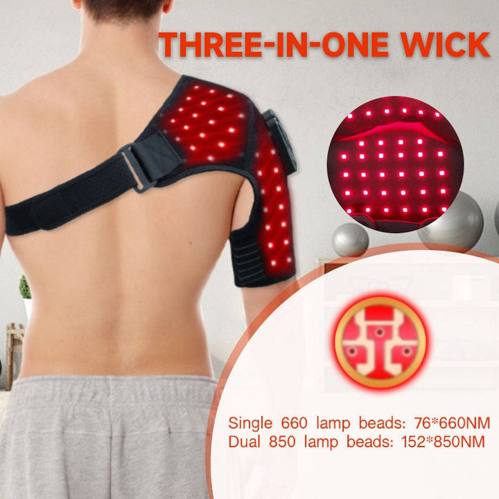 Cordless infrared red light therapy shoulder brace made with adjustable neoprene for joint comfort.