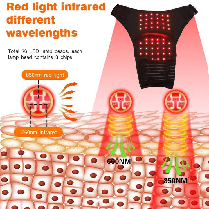 Adjustable shoulder support brace using healing red light for athletic recovery and pain relief.