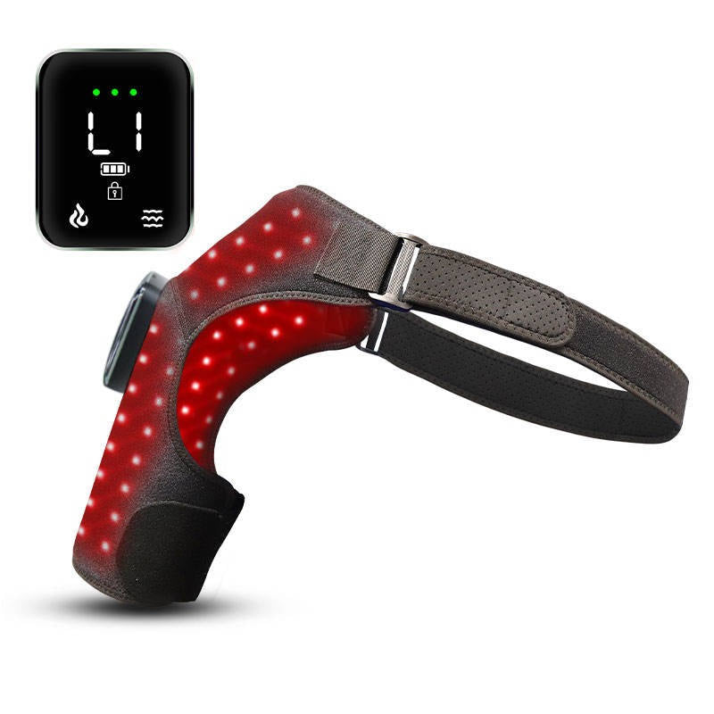 Unisex shoulder brace with red light therapy for targeted muscle soreness and joint discomfort relief.