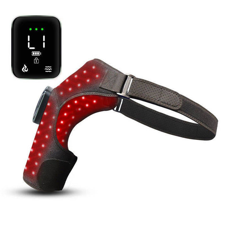Unisex shoulder brace with red light therapy for targeted muscle soreness and joint discomfort relief.
