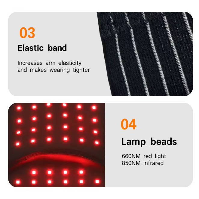 Cordless, adjustable neoprene shoulder brace providing red light therapy for soothing pain.