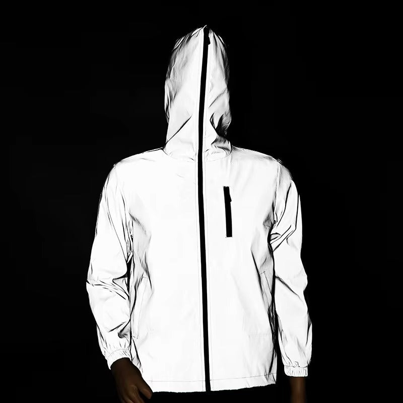 High-visibility reflective rain jacket, unisex waterproof design for safety in low light & wet conditions.