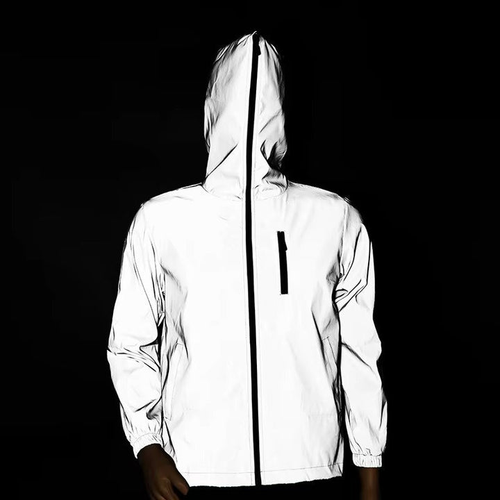 High-visibility reflective rain jacket, unisex waterproof design for safety in low light & wet conditions.