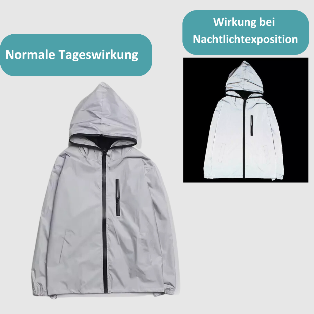 Comfortable unisex reflective rain jacket, waterproof & breathable, ensuring safety during outdoor adventures.