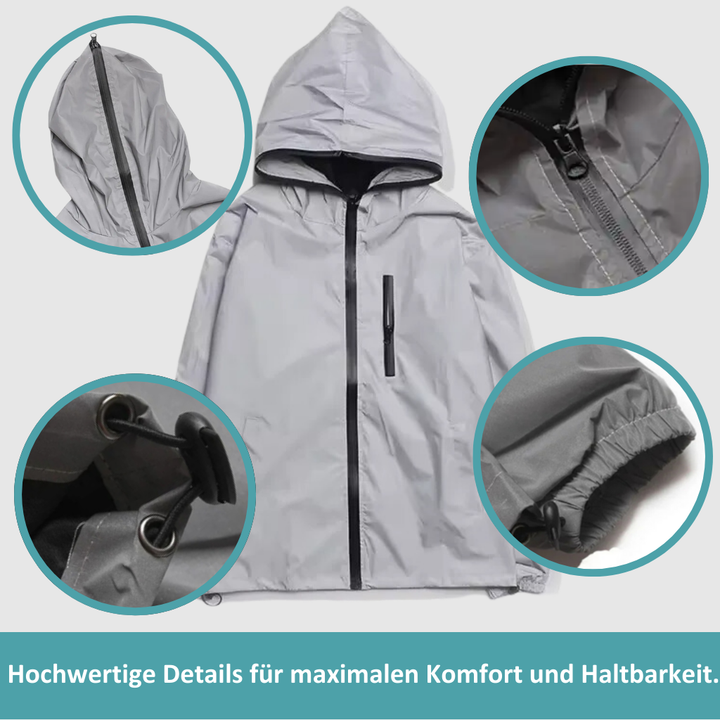 Utility reflective waterproof rain jacket, unisex for enhanced visibility & protection in all weather.