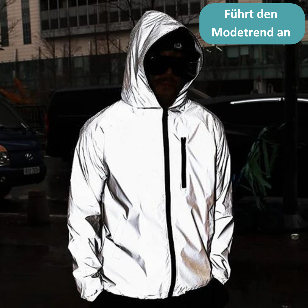 Reflective waterproof jacket, unisex high-vis for cycling, running & walking, ensuring safety in rain.