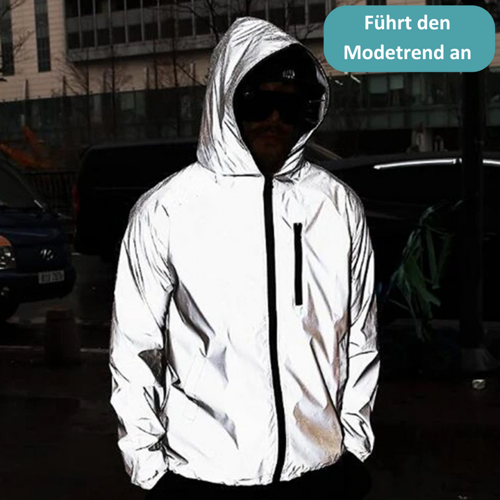 Reflective waterproof jacket, unisex high-vis for cycling, running & walking, ensuring safety in rain.
