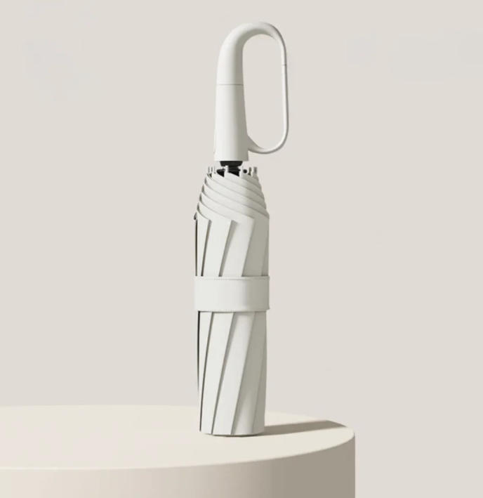 AeroGlow reflective umbrella propped against a wall, showcasing its sleek design and visible reflective accents