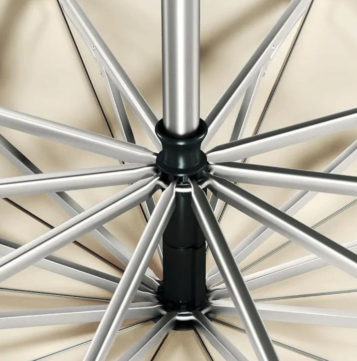 Top-down view of the AeroGlow storm umbrella canopy, showing its waterproof fabric and reflective trim