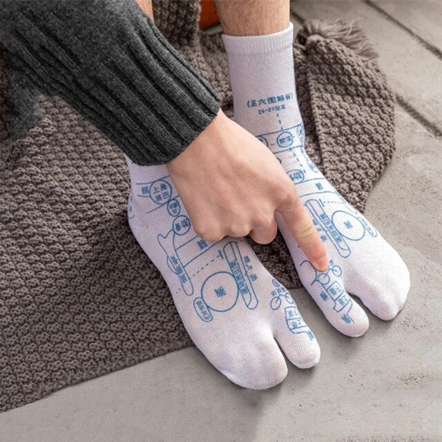 Unisex reflexology acupressure socks with foot map for targeted foot relief, massage & wellness.