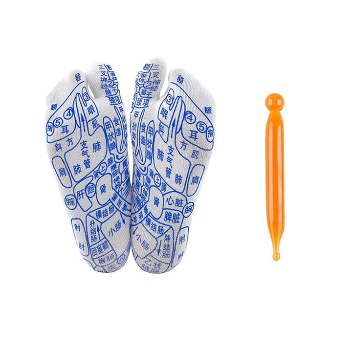 Reflexology acupressure socks with educational foot chart, explaining therapeutic foot relief & wellness.
