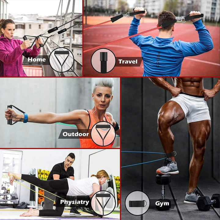 Upper body resistance bands with handles for bicep curls, tricep extensions, & shoulder presses.