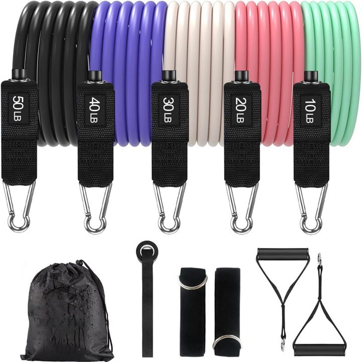 Portable resistance bands with comfy handles, perfect for home gym workouts & travel fitness.