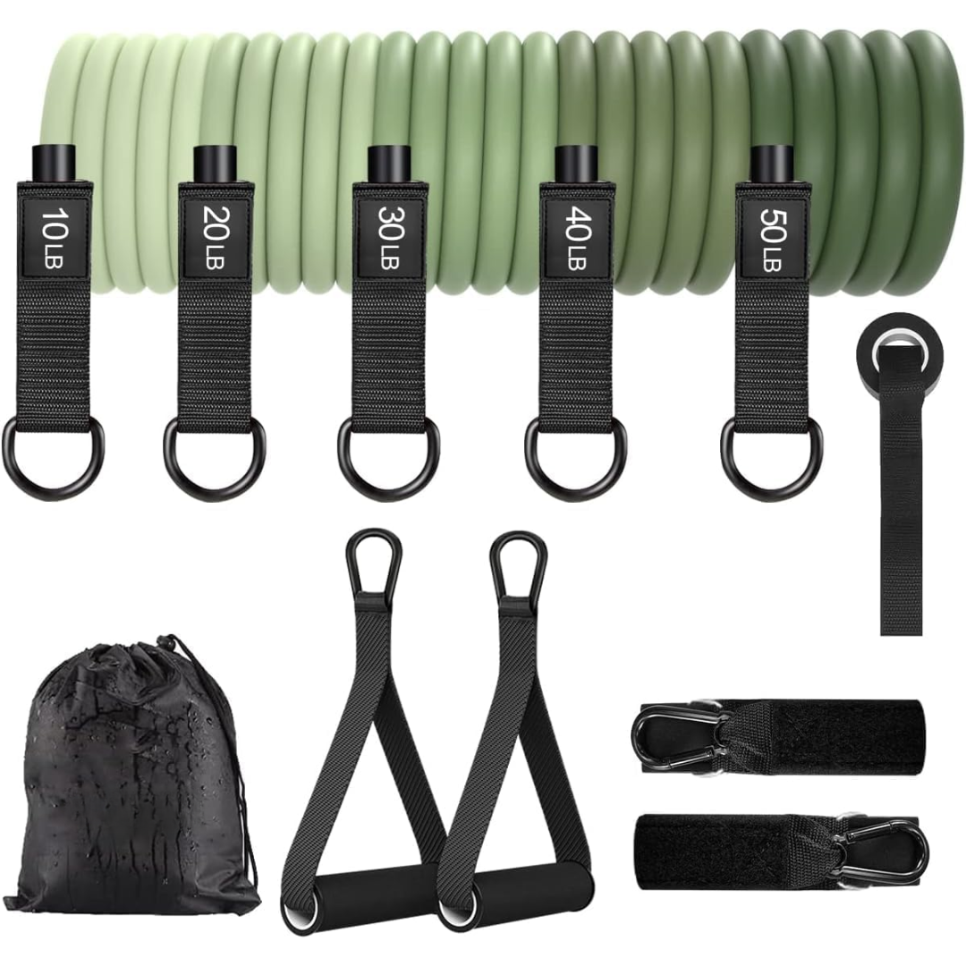 Resistance bands with handles for full-body toning, flexibility, and strength training exercises.