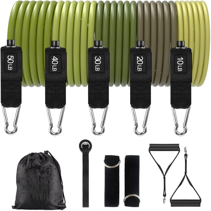Durable resistance bands with secure handles, enhancing full-body strength & workout versatility.