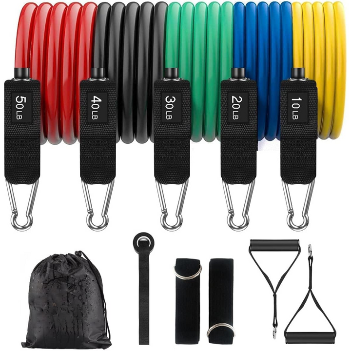 Full-body resistance band set with padded handles, ideal for diverse strength training workouts.