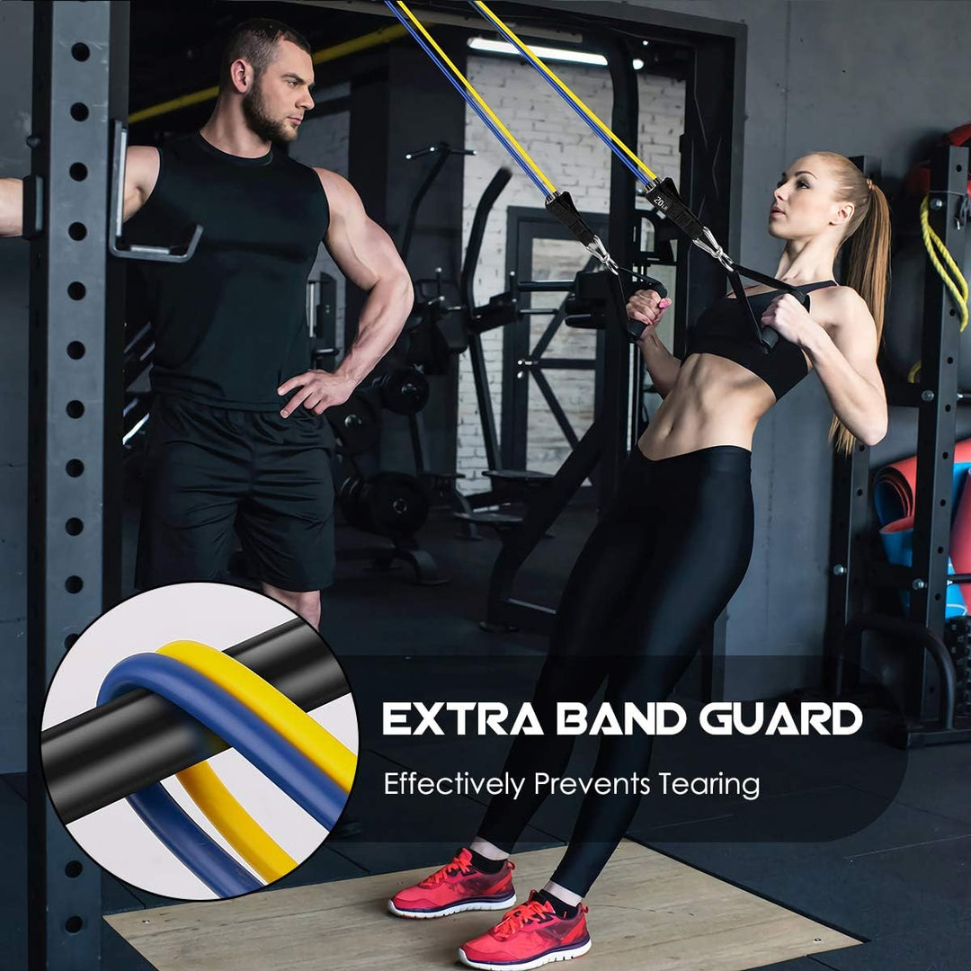 Unisex resistance bands with handles, great for core strengthening exercises & total body fitness.