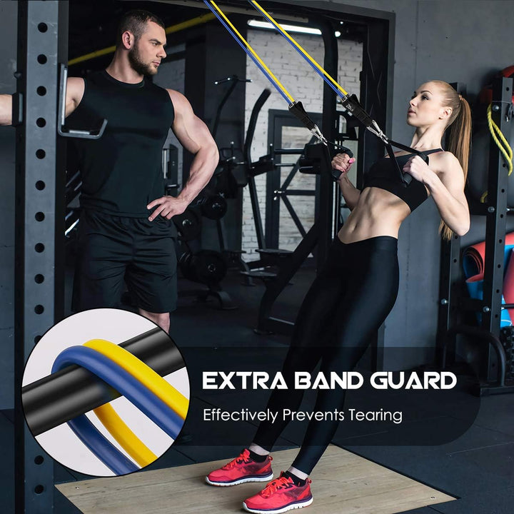 Unisex resistance bands with handles, great for core strengthening exercises & total body fitness.