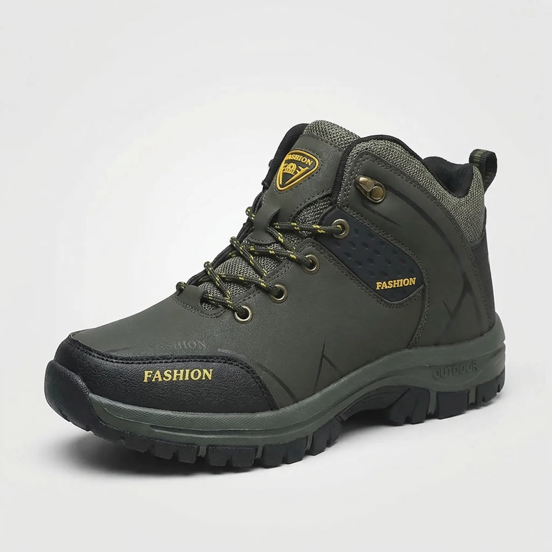 Side view of retro style unisex ankle hiking boots, perfect for trail walking & work, water repellent design.