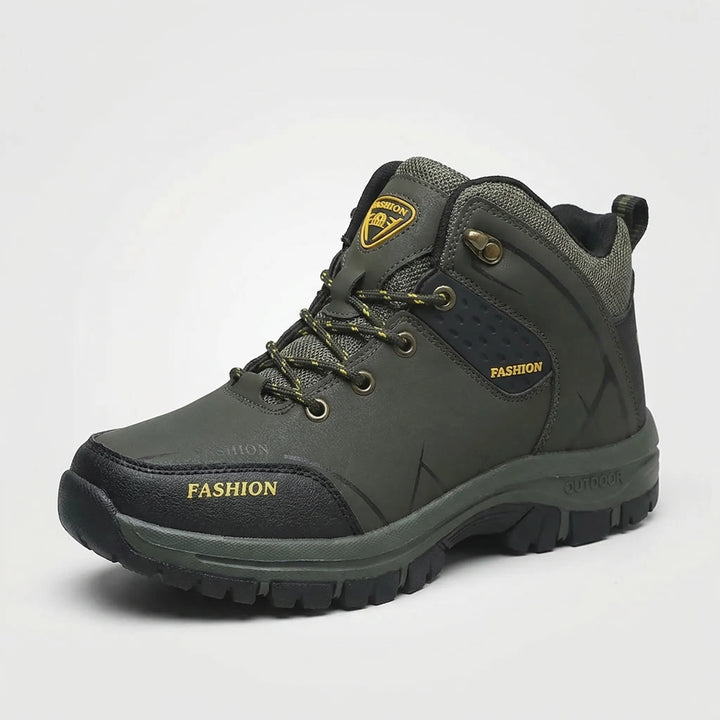 Side view of retro style unisex ankle hiking boots, perfect for trail walking & work, water repellent design.