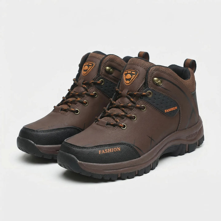 Close-up of water repellent material & sturdy laces on retro unisex ankle hiking & work boots, built for outdoors.