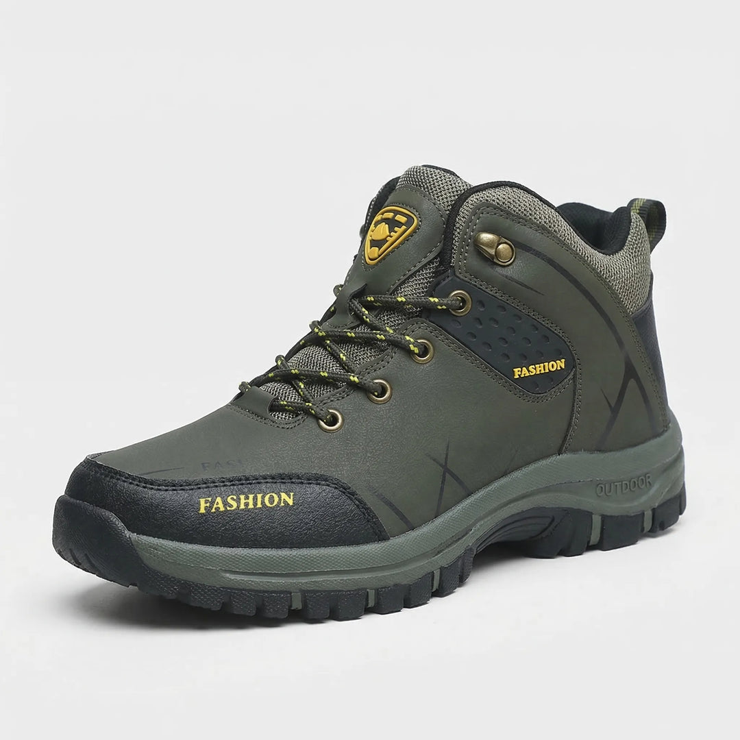 Back view of sturdy unisex retro ankle hiking boots, designed for trail & work, featuring durable heel support.