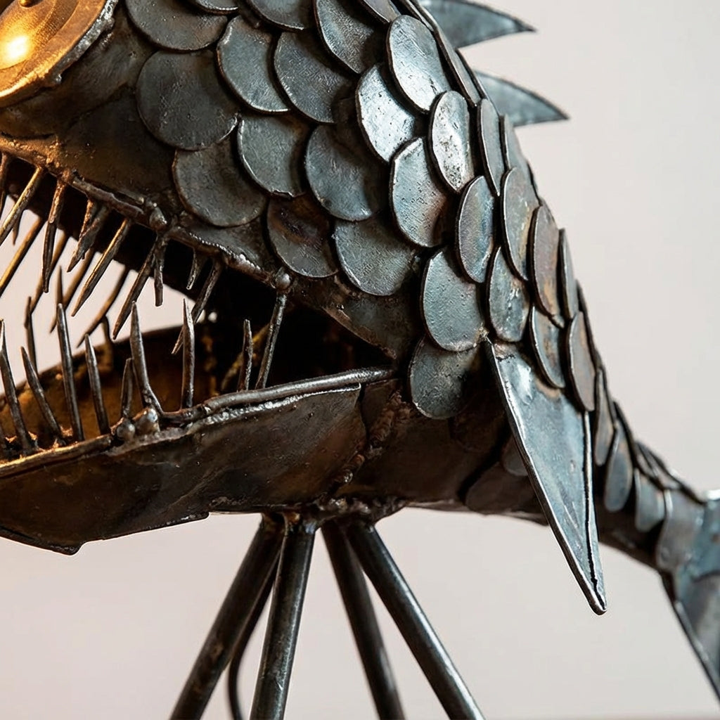 Decorative retro table lamp, unisex, showing a unique fish shade and vintage style base