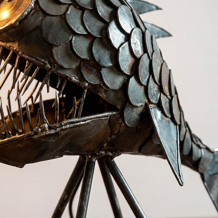 Decorative retro table lamp, unisex, showing a unique fish shade and vintage style base