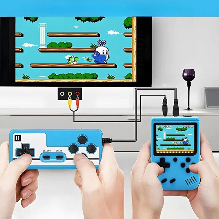 Vintage style handheld game console. Play 400 classic games. USB rechargeable & connects to TV for bigger screen.