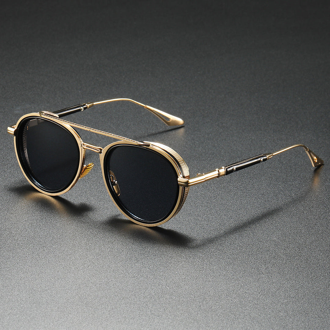 Unisex retro luxe sunglasses with gold frame, gradient lenses, and UV protection. Perfect vintage style fashion accessory.