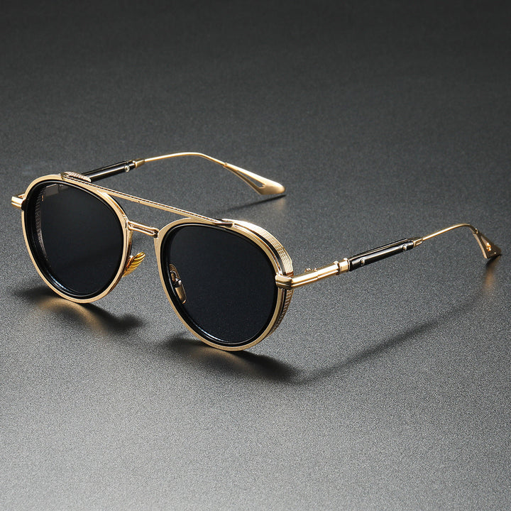 Unisex retro luxe sunglasses with gold frame, gradient lenses, and UV protection. Perfect vintage style fashion accessory.