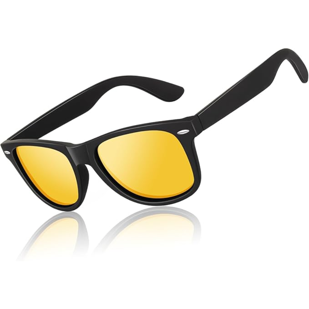 Side view of black frame unisex retro polarized sunglasses, highlighting temple design, UV400 eyewear