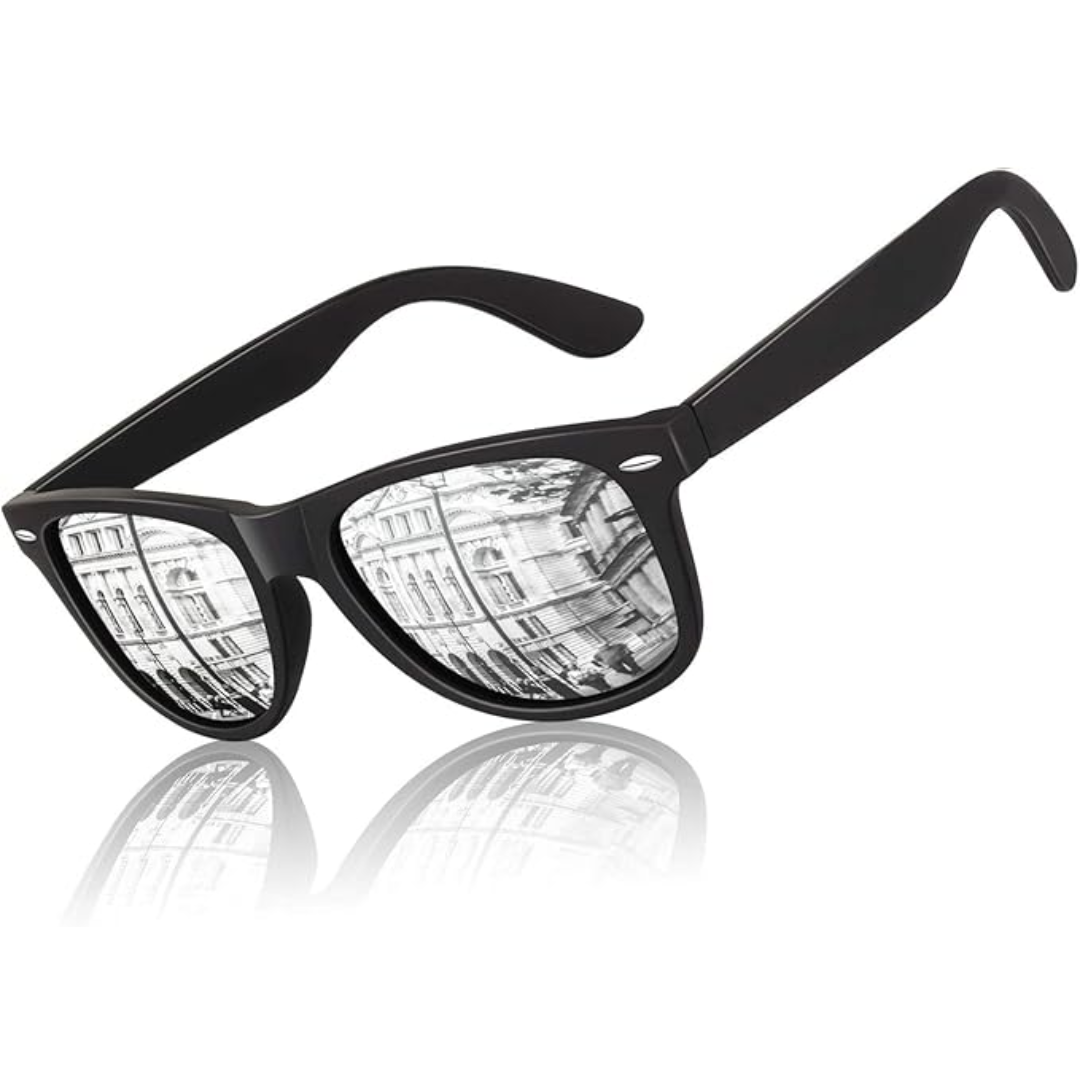 Pair of unisex retro polarized sunglasses, reflecting a sunny sky, ideal for men's fashion