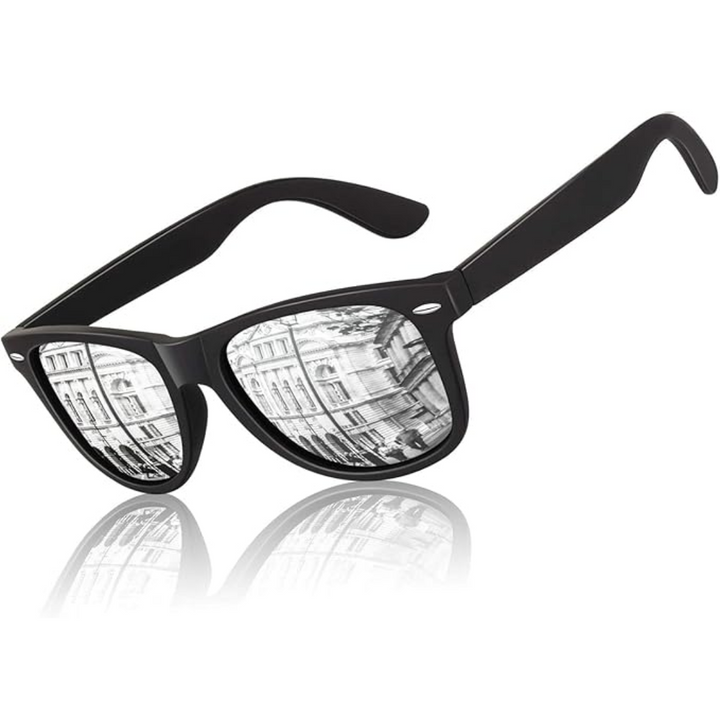 Pair of unisex retro polarized sunglasses, reflecting a sunny sky, ideal for men's fashion
