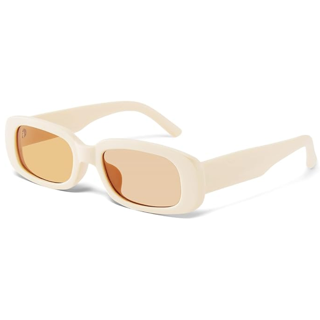 Detailed shot of the temple of retro rectangular Y2K sunglasses, indicating quality and style.