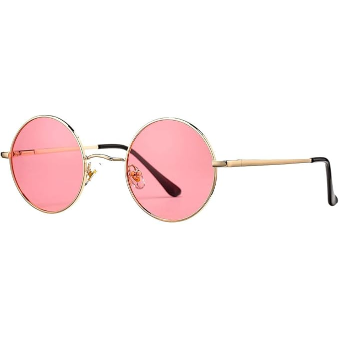 Retro round polarized sunglasses displayed on a wooden surface, highlighting its vintage aesthetic and eyewear