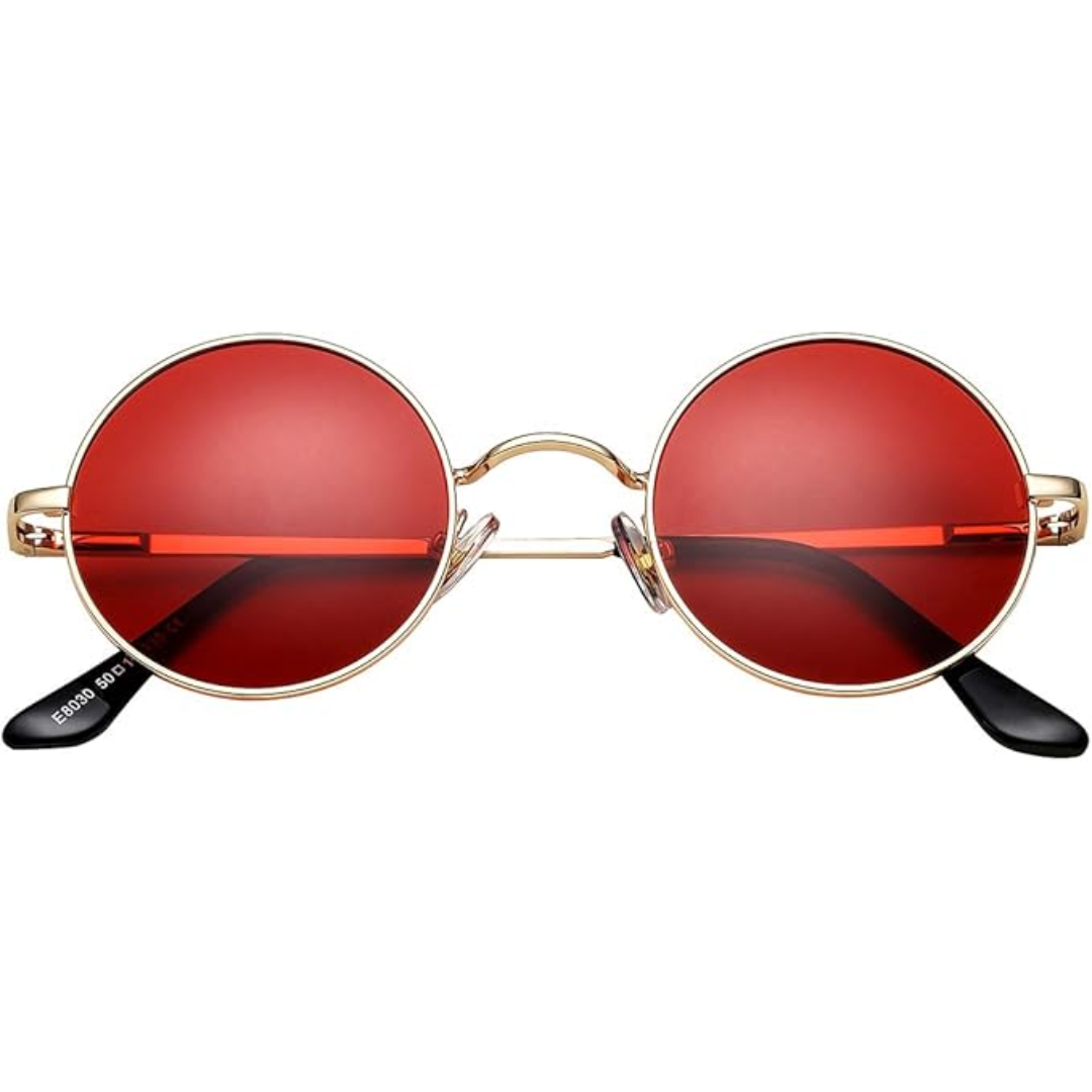 Pair of unisex retro round polarized sunglasses on a beach, highlighting outdoor use & UV protection